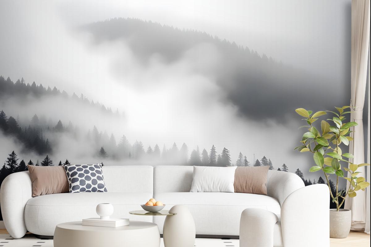 Misty Dark Forest Landscape Wallpaper Mural