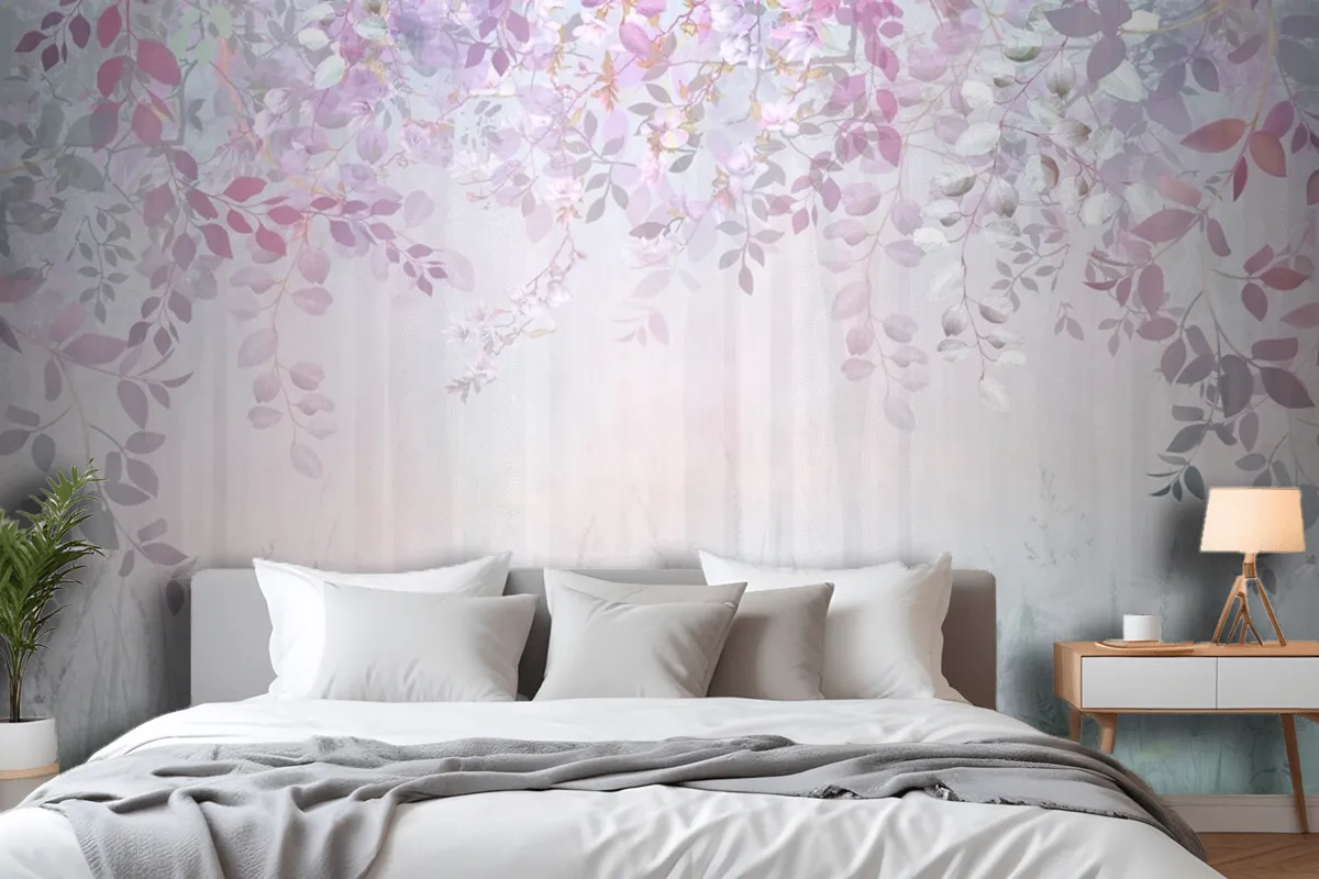 Misty Forest In A Rainbow Haze With Hanging Branches And Meadow Flowers Wallpaper Mural