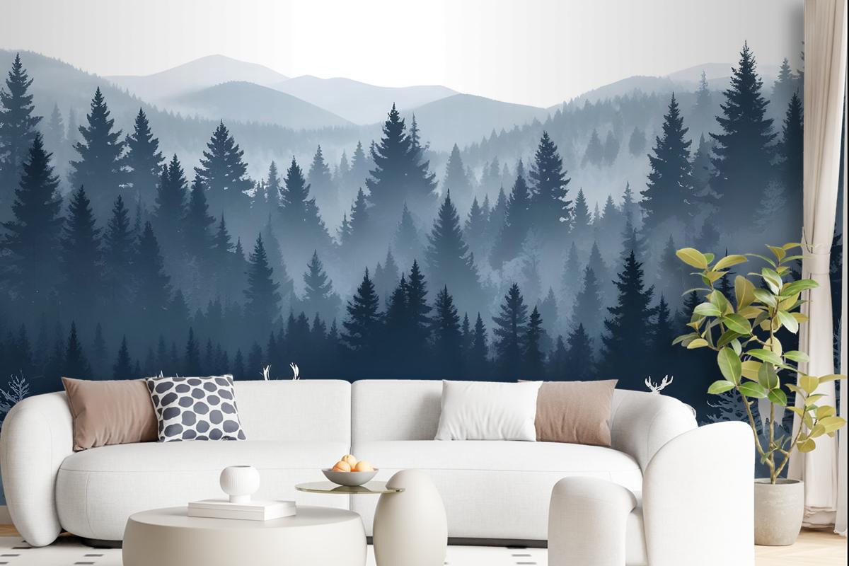 Misty Forest Landscape And Horned Deer Wallpaper Mural