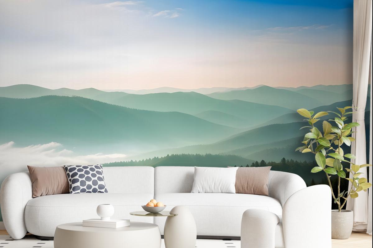 Misty Mountain Green Forest Scenic Wallpaper Mural