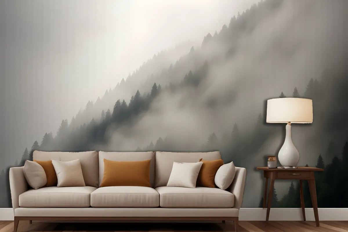 Misty Mountain Landscape With Dense Fog Covering The Forested Slopes Wallpaper Mural