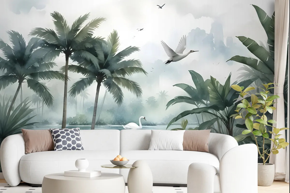 Misty Tropical Forest With Lake Wallpaper Mural