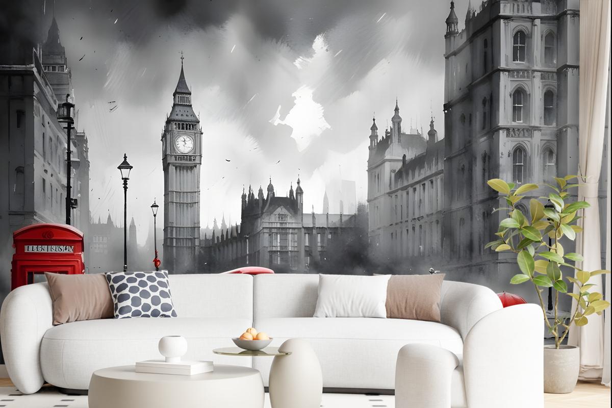 Monochrome Charcoal City Landscape And Red Bus Wallpaper Mural