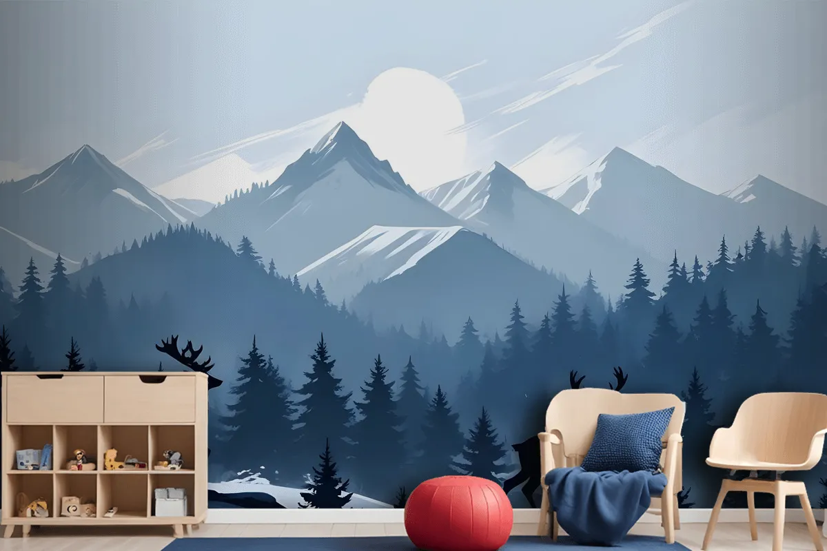 Monochrome Dark Blue Snowy Forest With Horned Deer Silhouette For Kids Wallpaper Mural