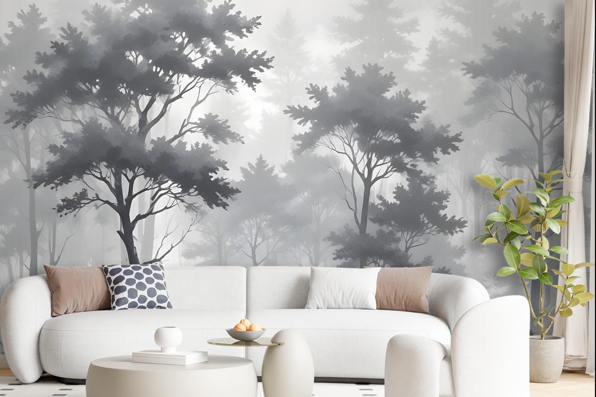 Monochrome Forest Silhouette Landscape Wallpaper Mural