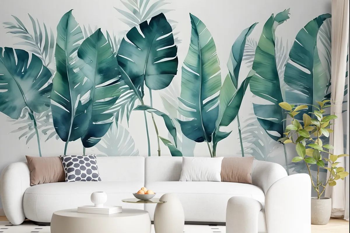 Monochrome Green Banana Leaf Wallpaper Mural