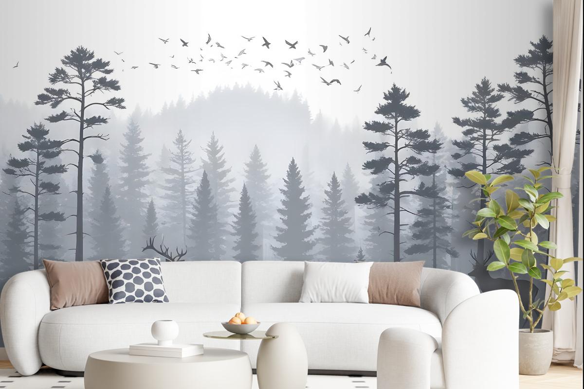 Monochrome Mountain And Forest Scape Wallpaper Mural