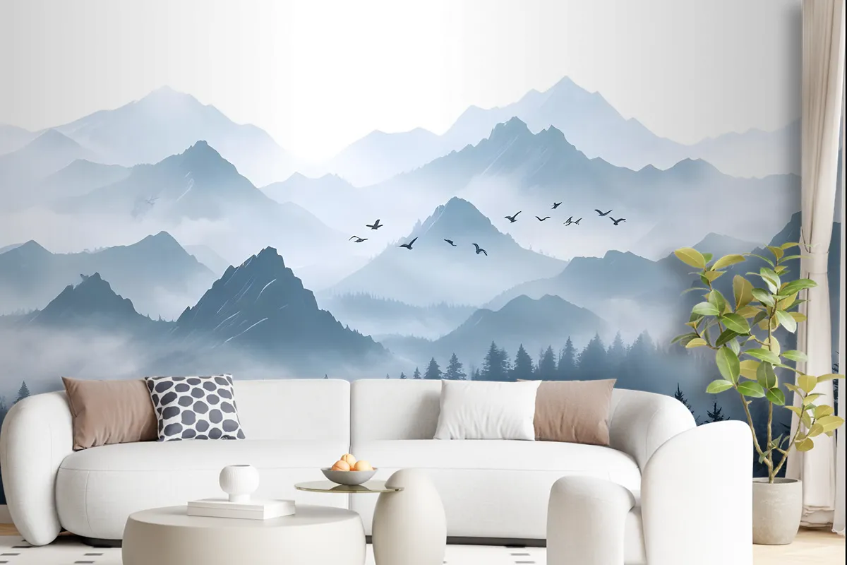 Monochrome Mountainscape With Misty Forest Wallpaper Mural