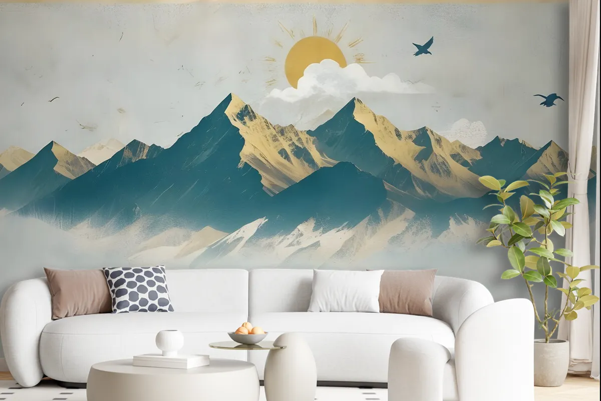 Mountain Sunrise Landscape And Old Plaid Texture Wallpaper Mural