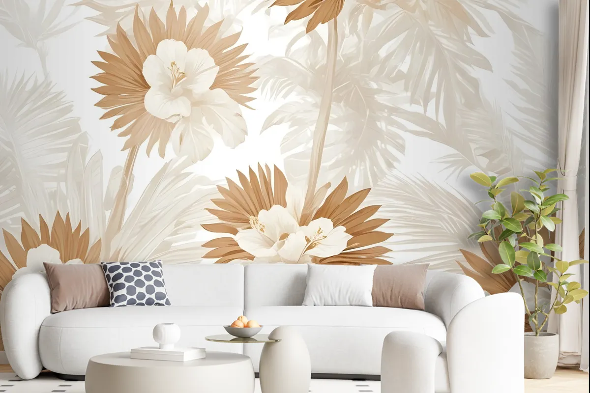 Neutral Boho Plants With Palm Leaf Wallpaper Mural