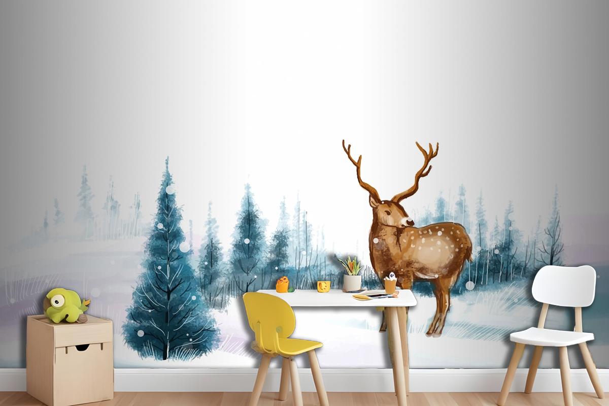 New Year And Christmas Tree Winter Landscape Background With Reindeer Wallpaper Mural