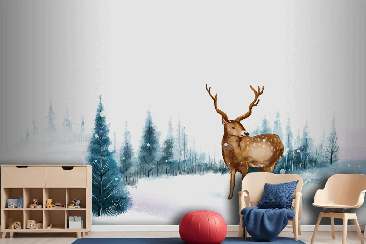 New Year And Christmas Tree Winter Landscape Background With Reindeer Wallpaper Mural