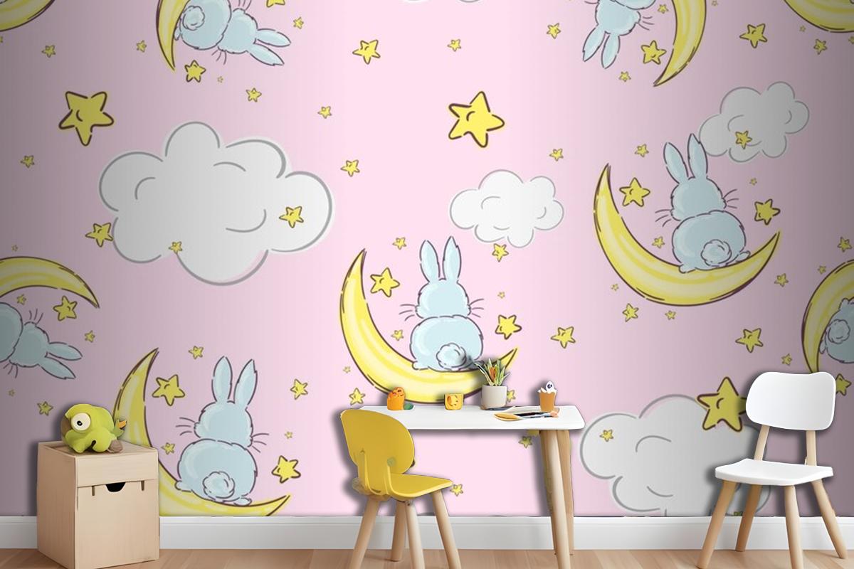 Night Sky Doodle Pattern With Cute Rabbits Sitting On Moons And Stars Seamless Wallpaper Mural