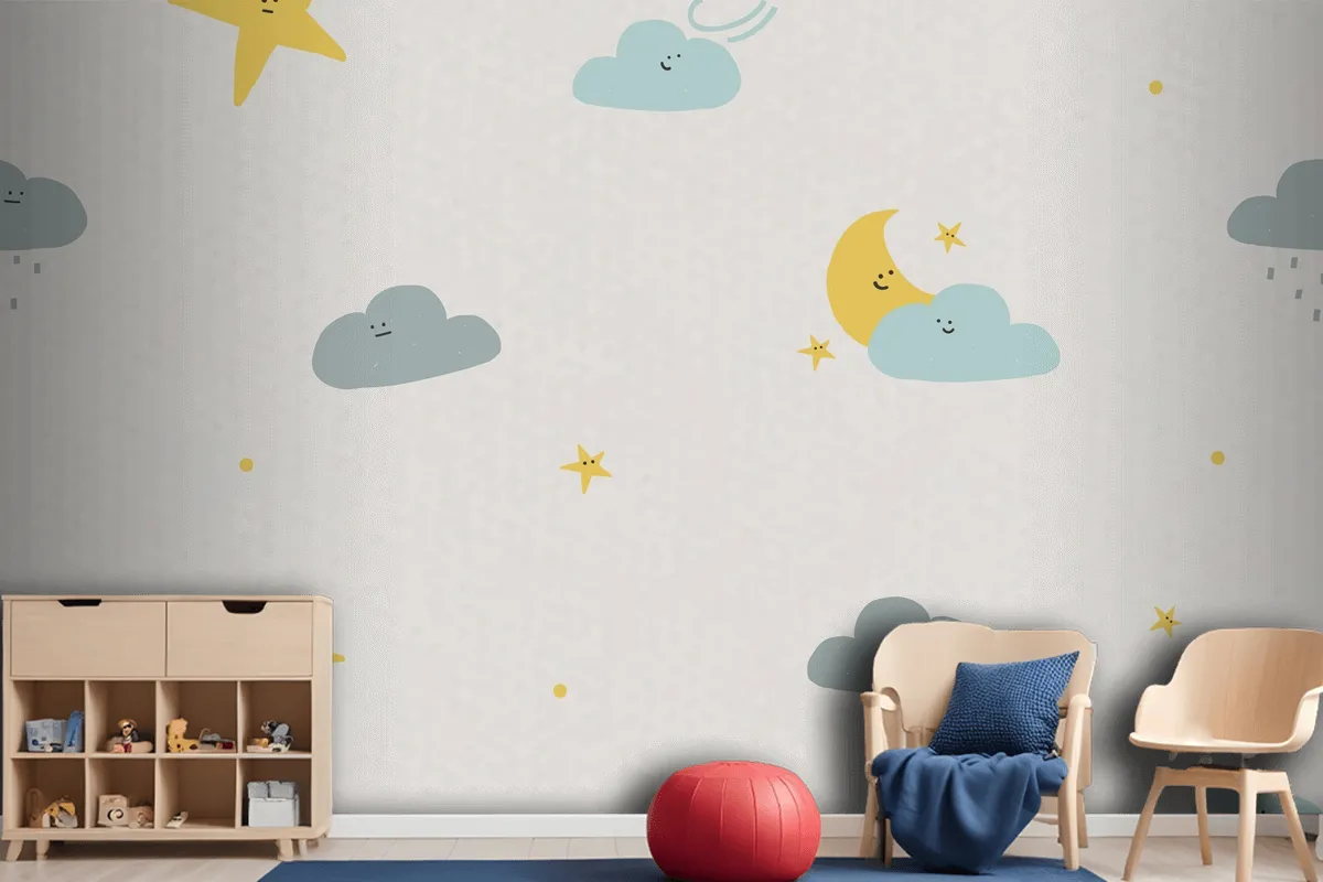 Night Sky Seamless Pattern Weather Doodle Background For Kids Wallpaper Mural