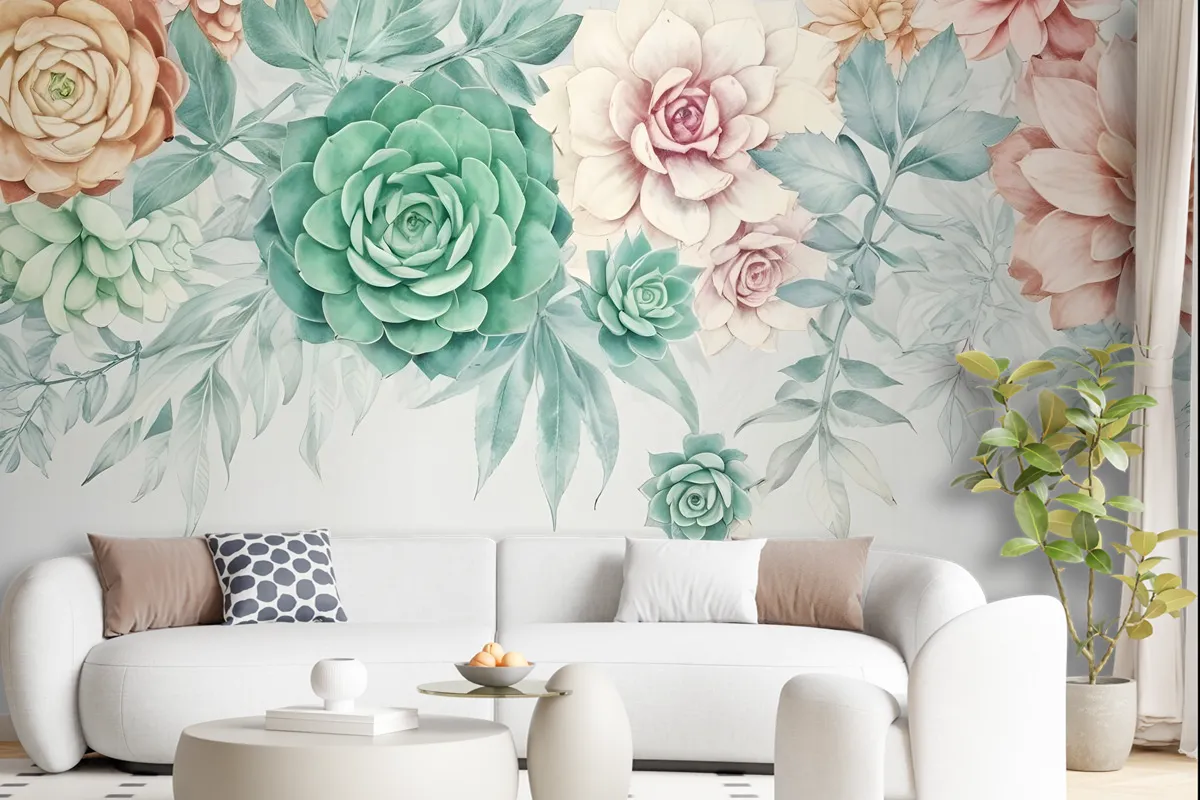 Nostalgic Soft Green Vine Floral Art Wallpaper Mural