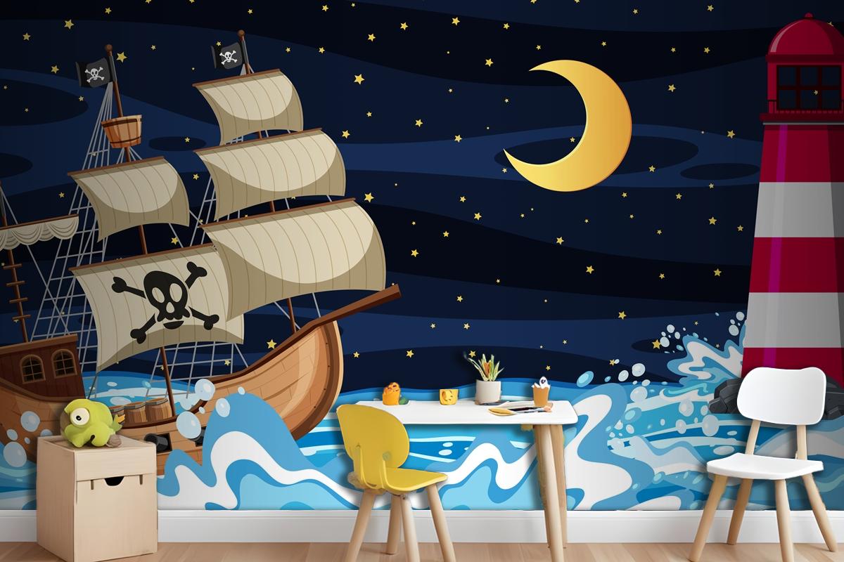 Ocean Scene At Night With Pirate Ship In Cartoon Style Wallpaper Mural