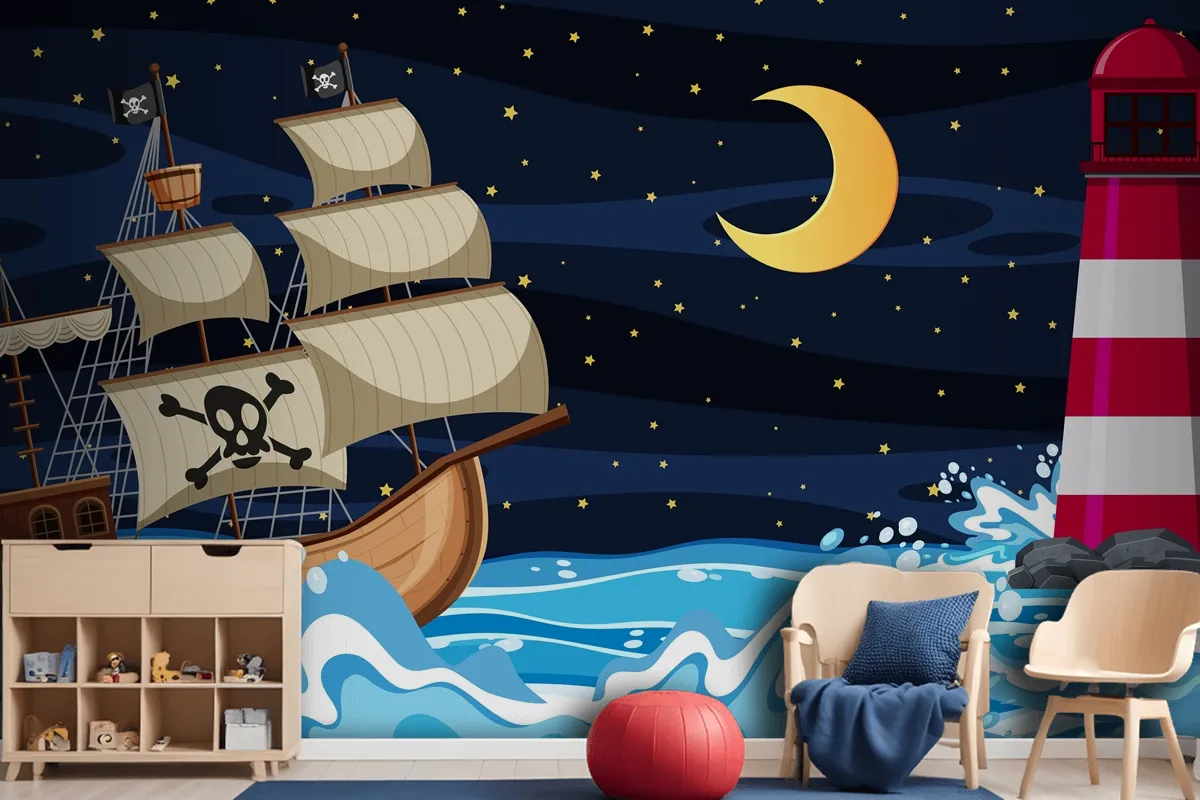 Ocean Scene At Night With Pirate Ship In Cartoon Style Wallpaper Mural