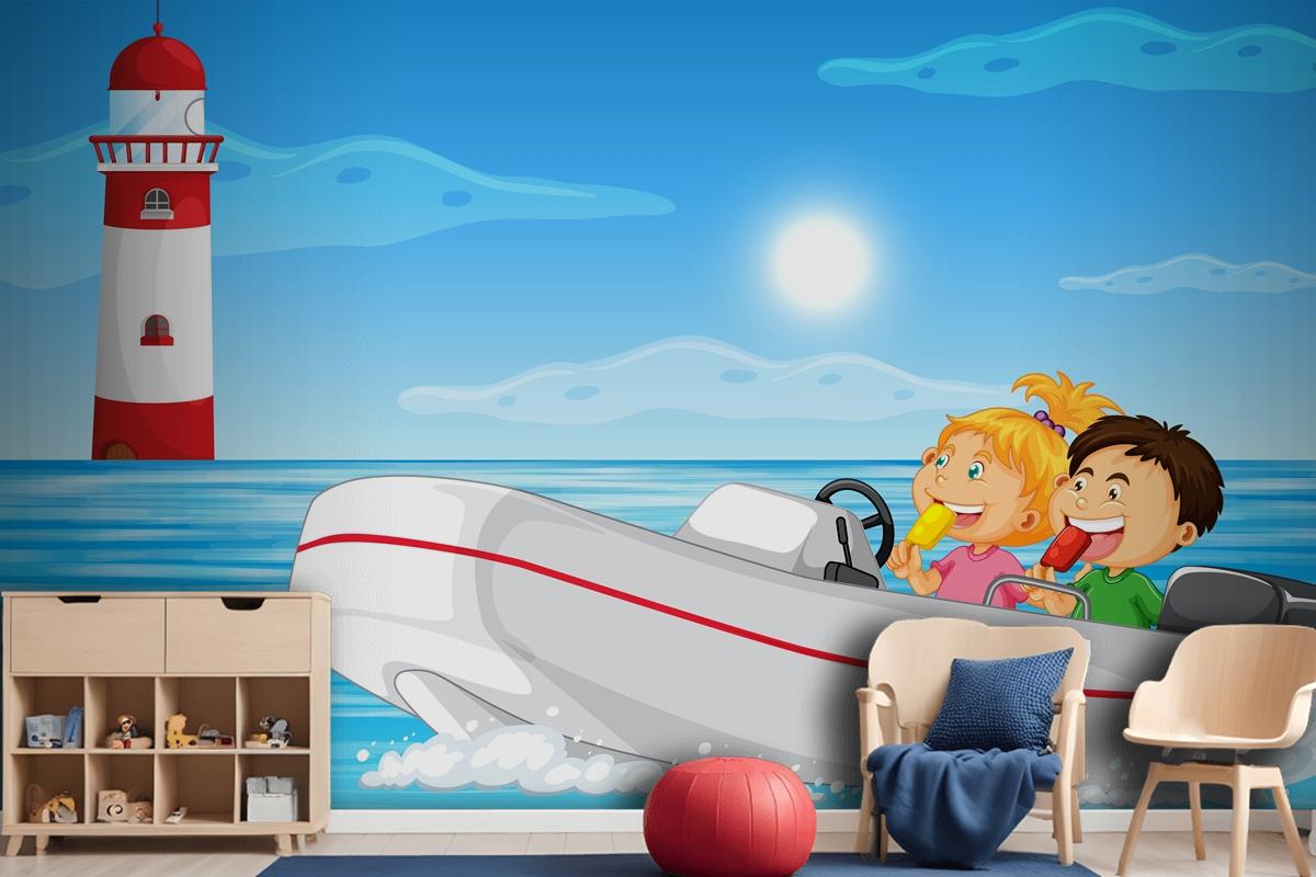 Ocean Scenery With Children On Motorboat Wallpaper Mural