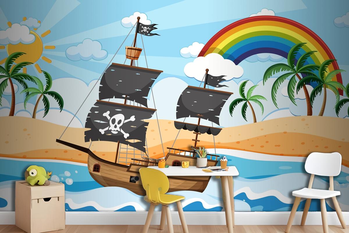 Ocean With Pirate Ship At Day Time Scene In Cartoon Style Wallpaper Mural