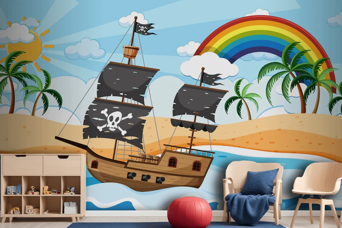 Ocean With Pirate Ship At Day Time Scene In Cartoon Style Wallpaper Mural