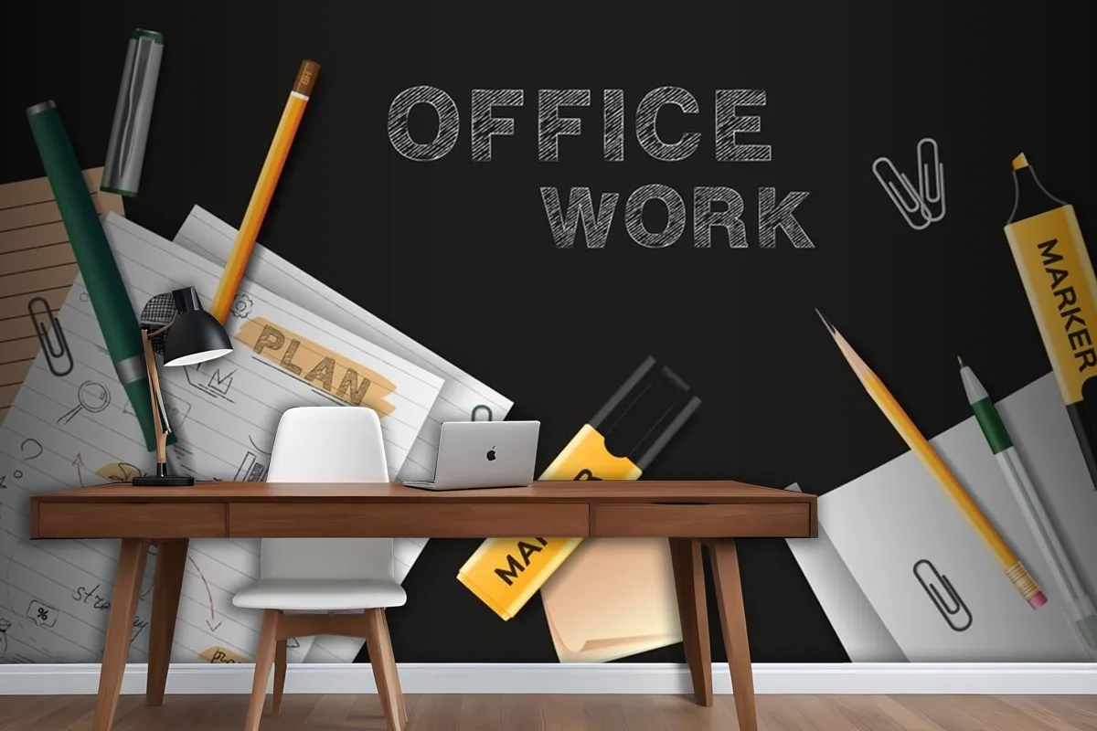 Office Work Black Chalkboard With Sheets Of Paper With Notes Scattered On It Realistic Wallpaper Mural