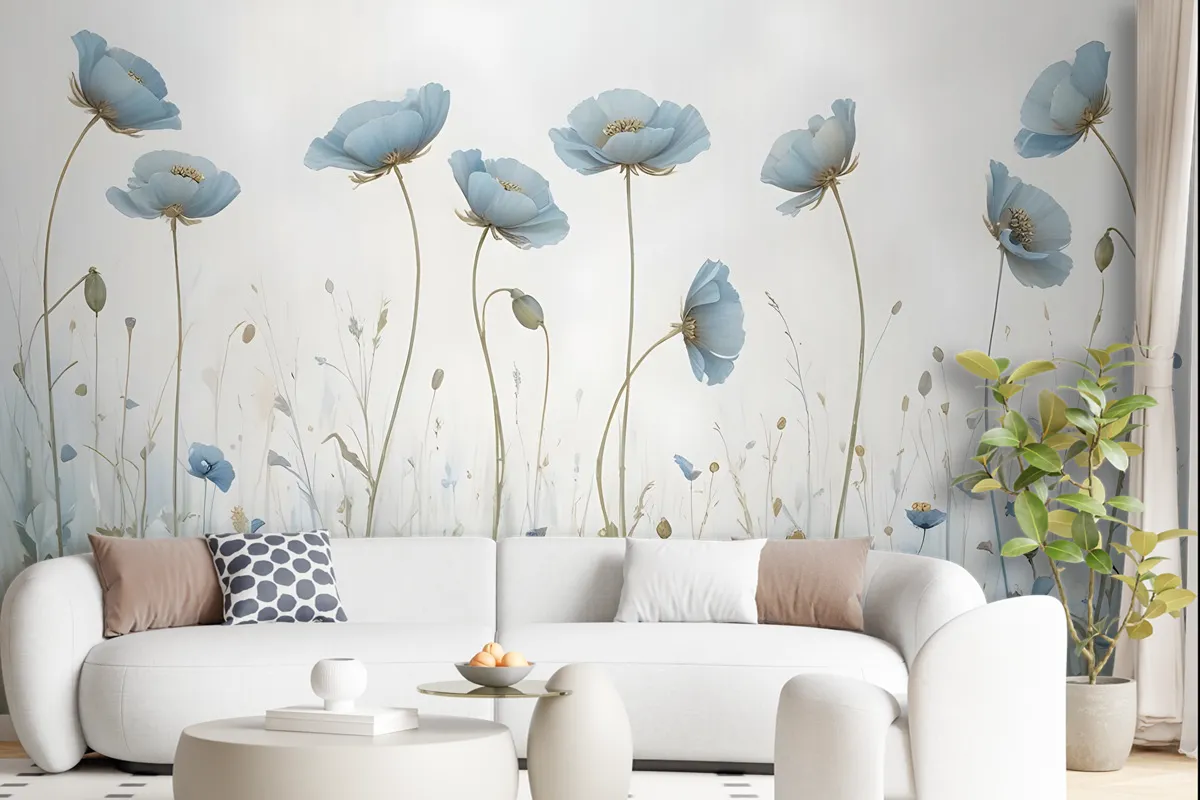 Oil Painting Blue Poppy Flowers Wallpaper Mural