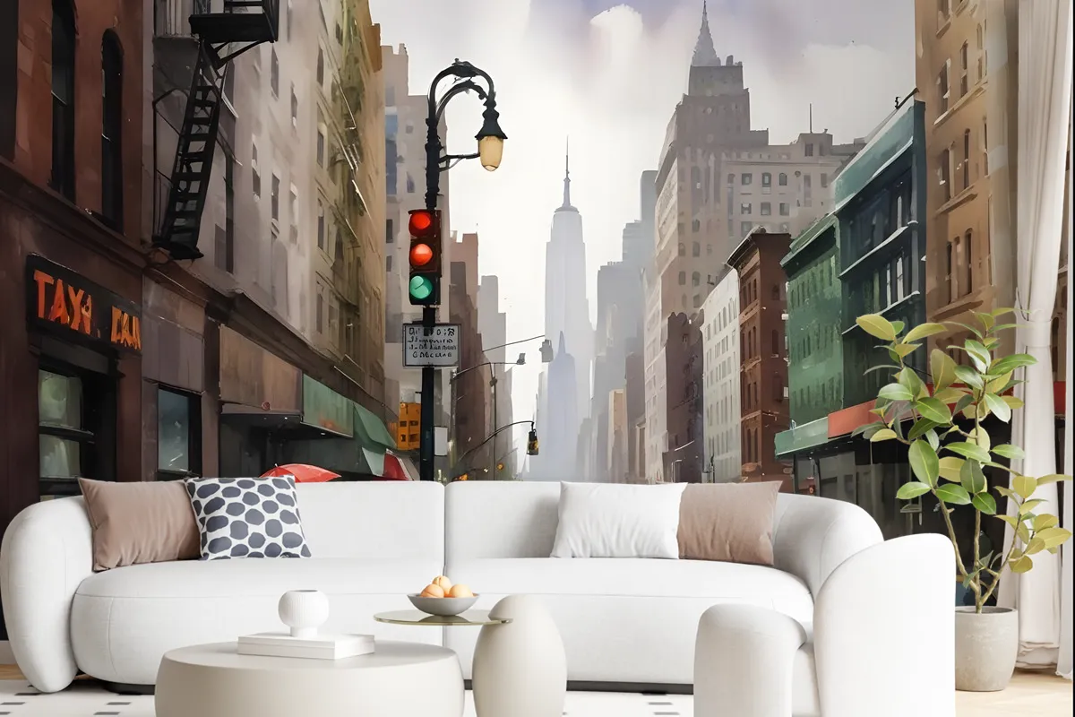 Oil Paintinging Style Street View Of New York City Landscape Wallpaper Mural