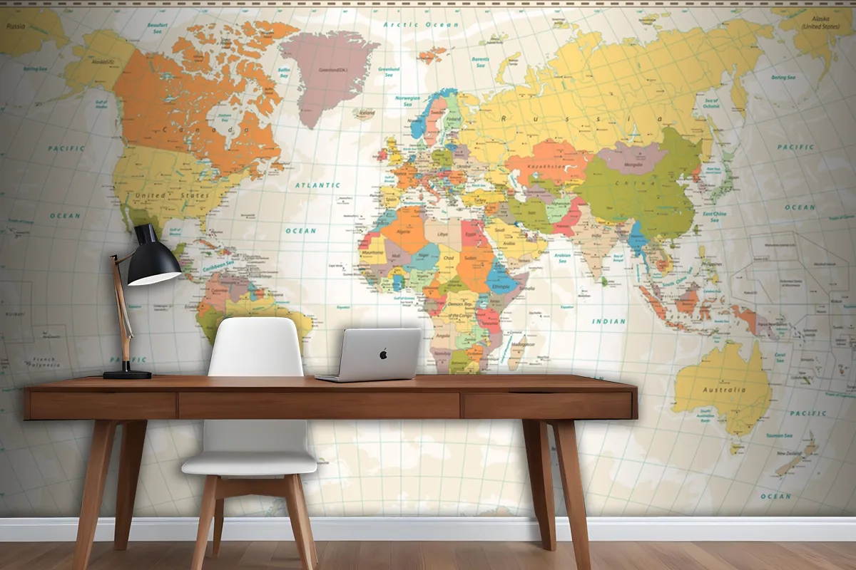 Old Retro World Map With Lakes And Rivers Wallpaper Mural