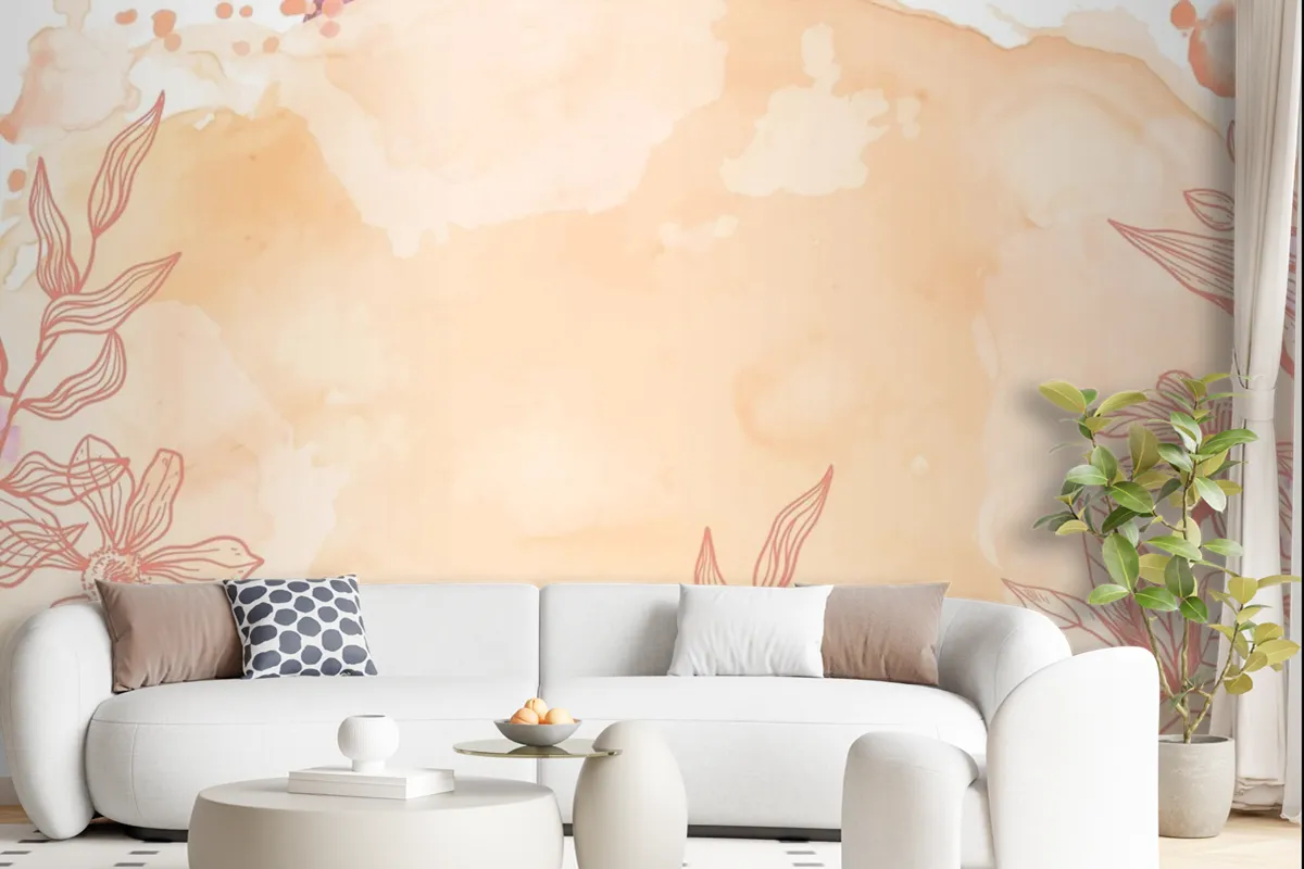 Orange Powder Pastel With Hand Drawn Flowers Background Wallpaper Mural