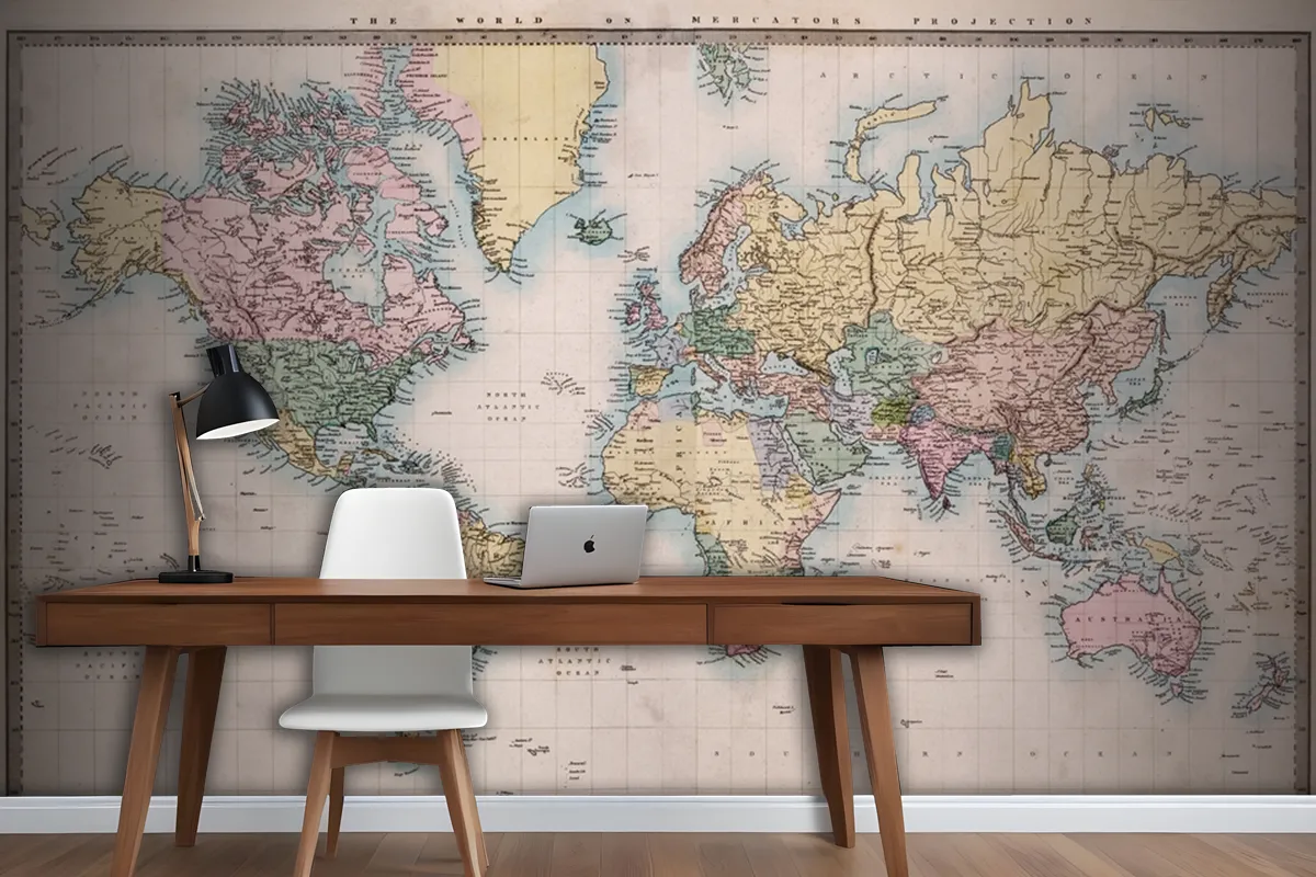 Original Old Hand Coloured Map Of The World Wallpaper Mural