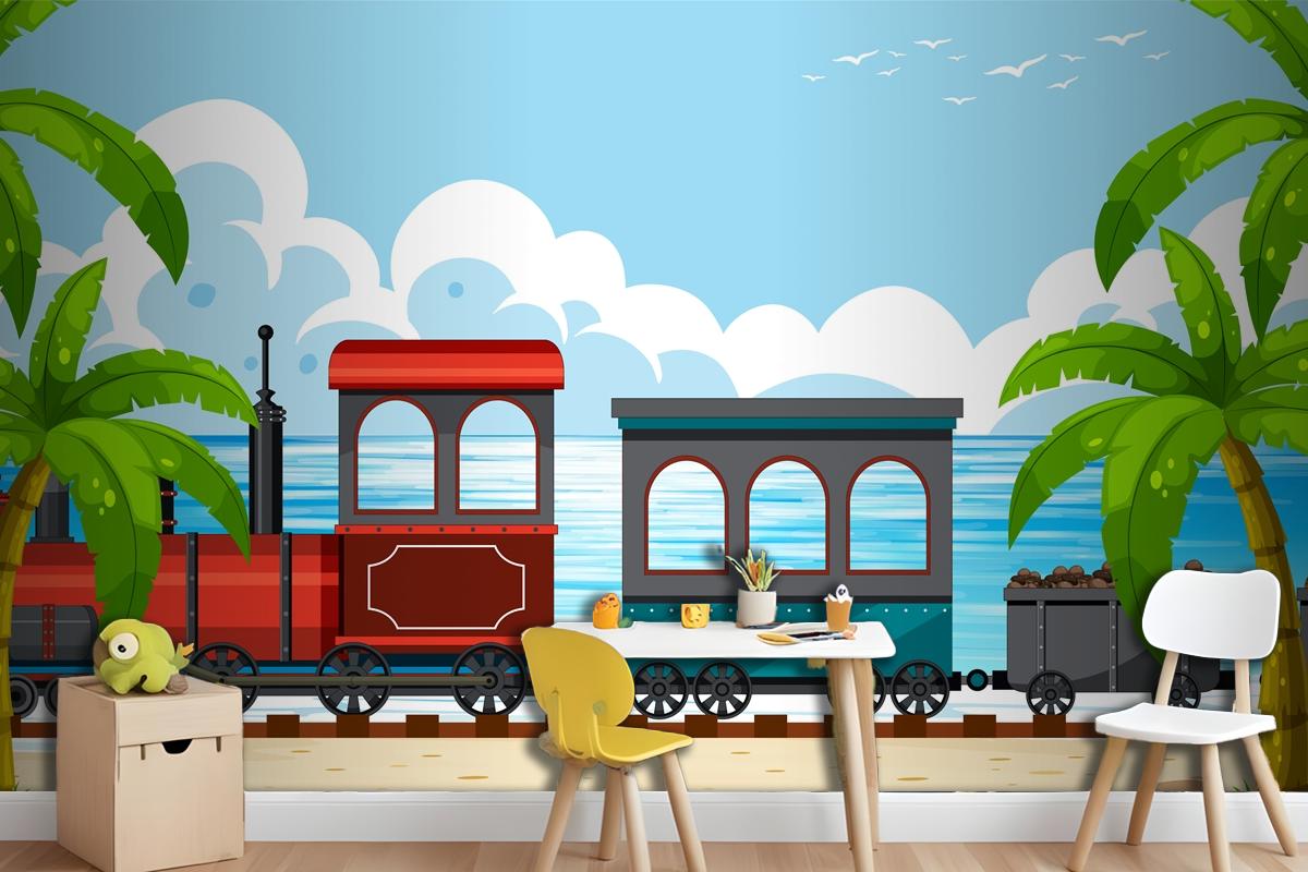 Outdoor Scene With A Steam Locomotive Train Boys Wallpaper Mural