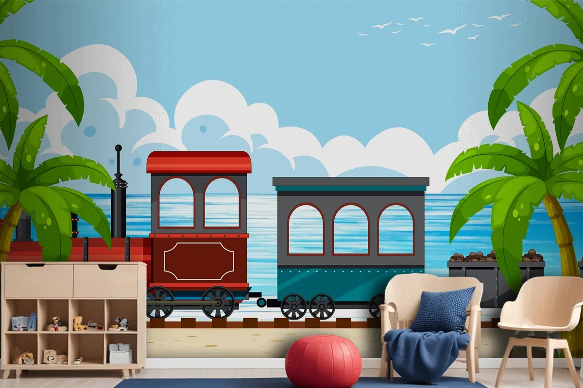 Outdoor Scene With A Steam Locomotive Train Boys Wallpaper Mural