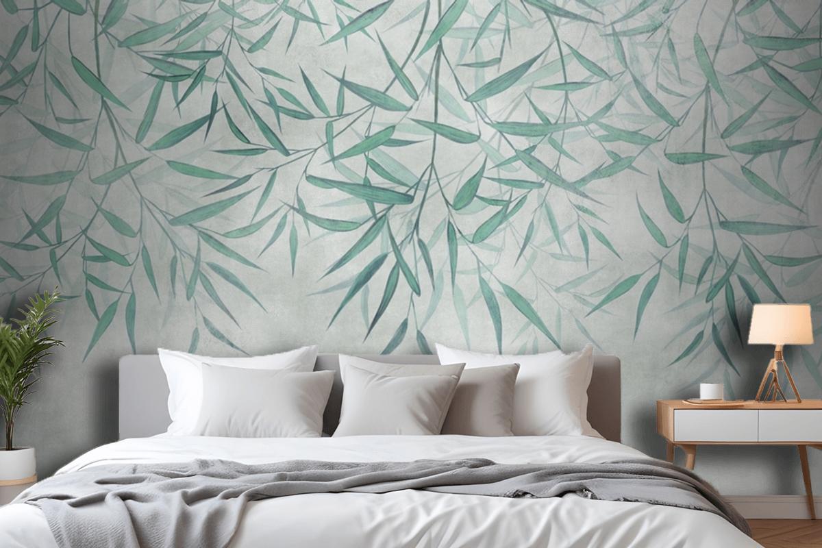 Painted Reed Bamboo Leaves Hanging From Above On A Textured Background Wallpaper Mural