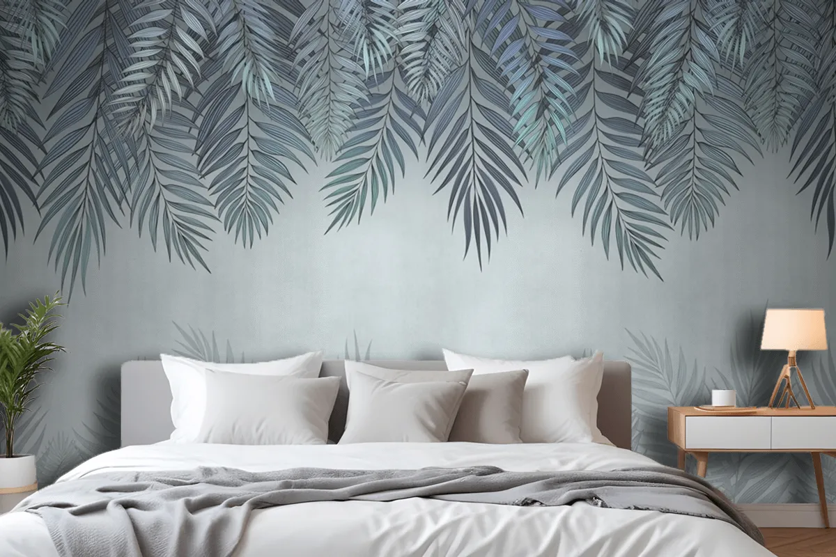 Palm Leaves In Pale Blue Flowers Wallpaper Mural