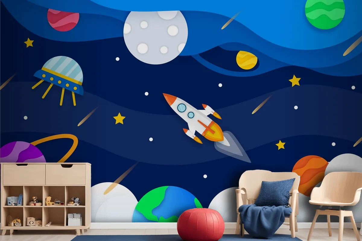 Paper Style Galaxy With Rocket Wallpaper Mural