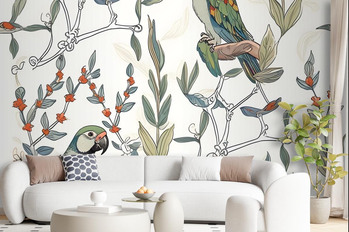 Parrot On Branches Wallpaper Mural