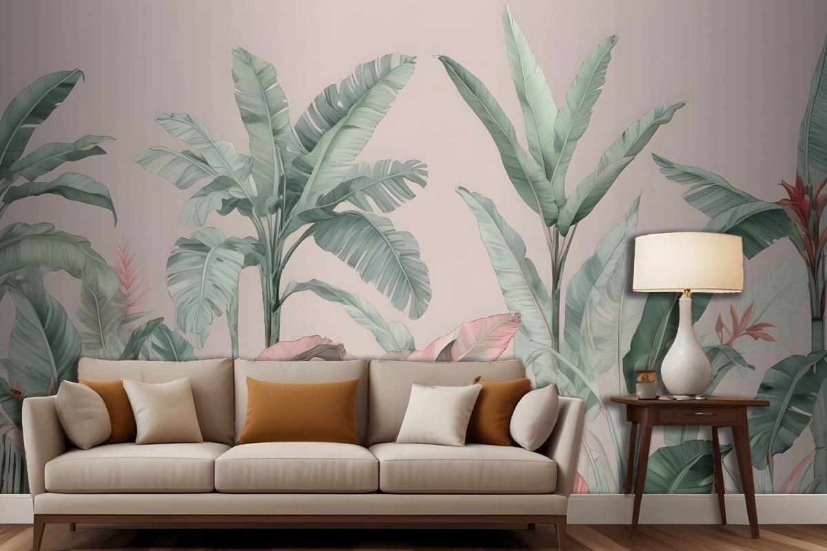 Pastel Pink & Green Vintage Tropical Wallpaper Mural