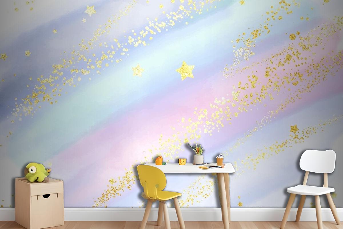 Pastel Watercolour Background With Glittery Gold Stars And Confetti Wallpaper Mural