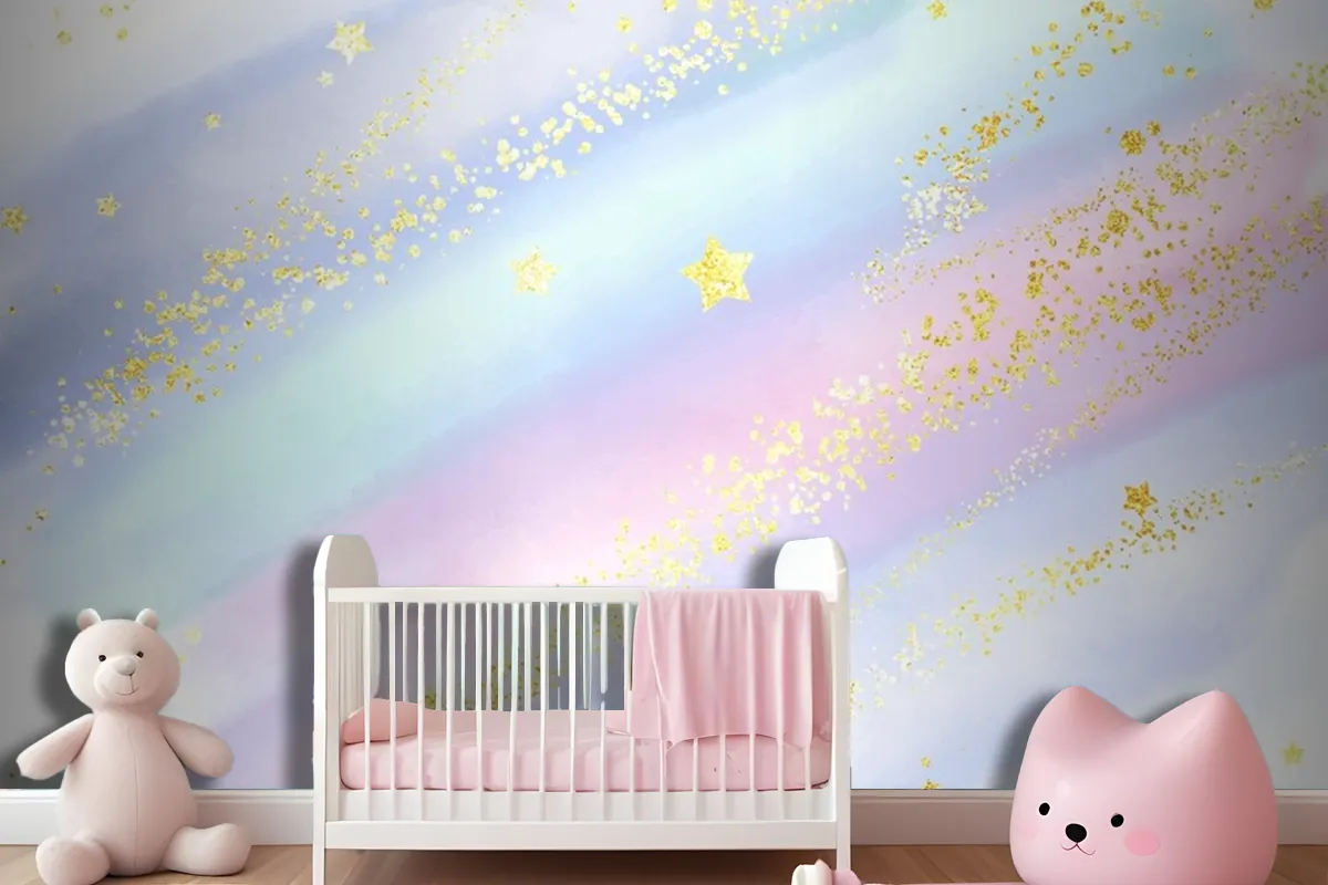 Pastel Watercolour Background With Glittery Gold Stars And Confetti Wallpaper Mural