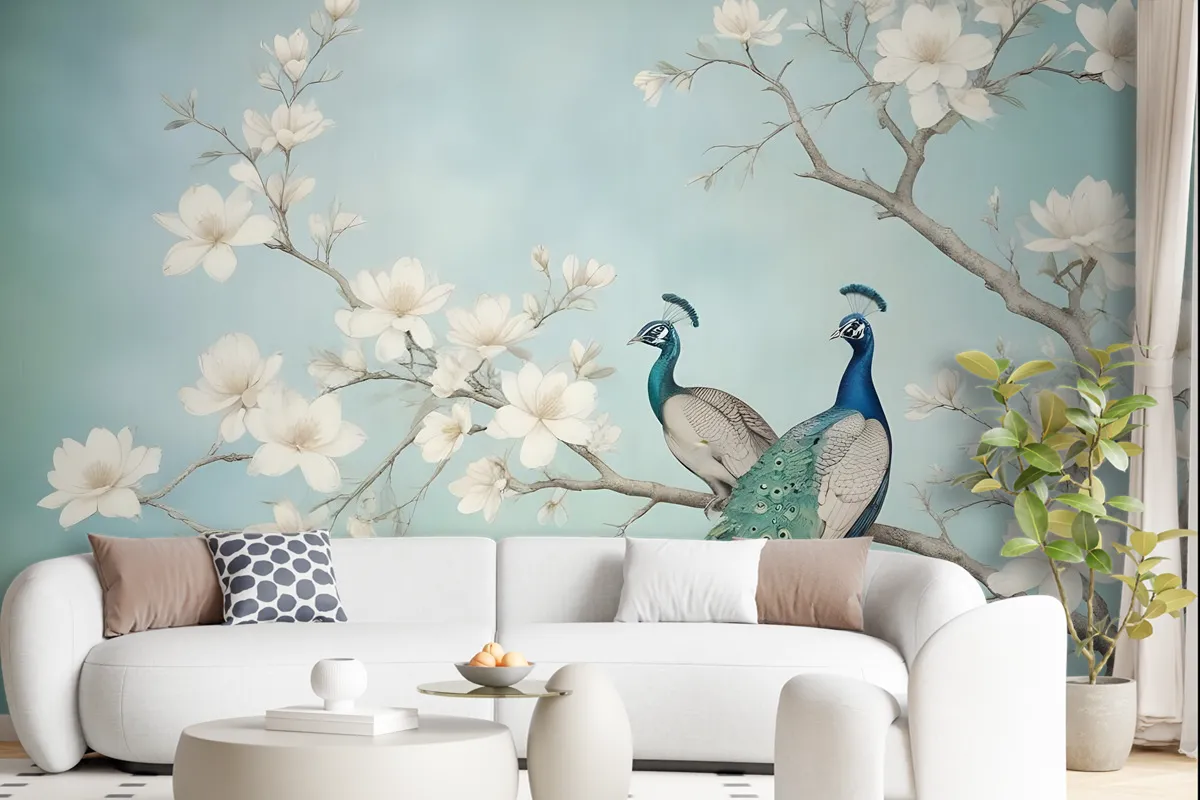 Peacock With Magnolia Blossom Wallpaper Mural