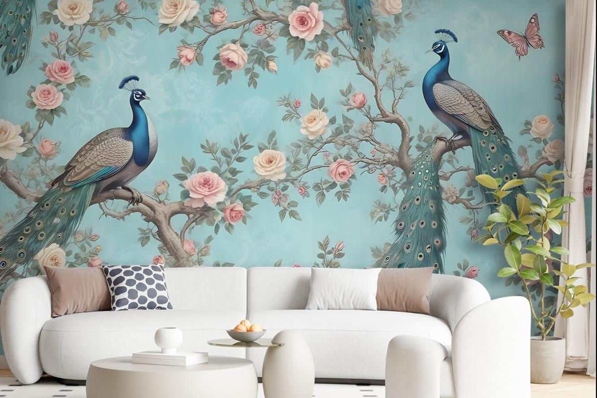 Peacock With Peony Blossom Wallpaper Mural