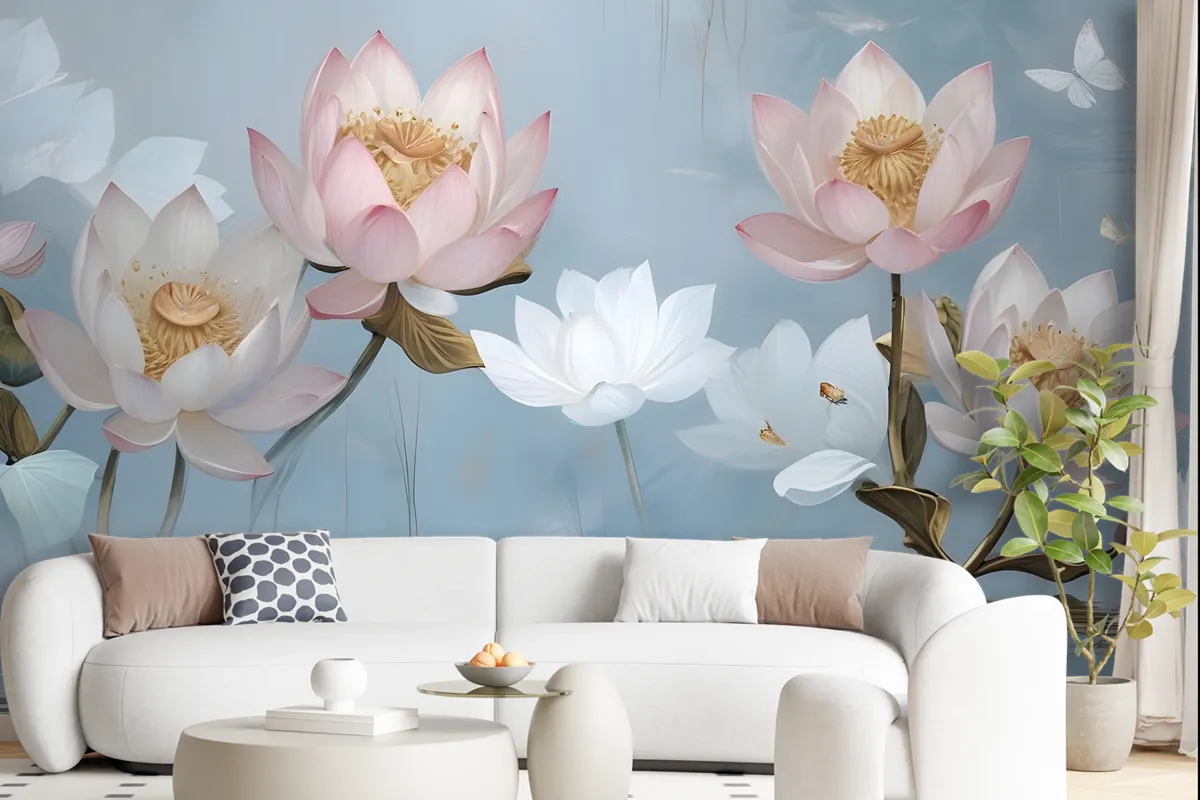 Pearl Lotus Flower And Little Butterfly Wallpaper Mural