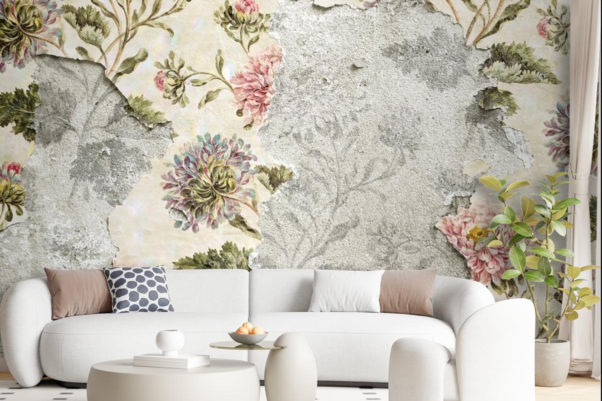 Peeling Floral Wallpaper On Concrete Wallpaper Mural