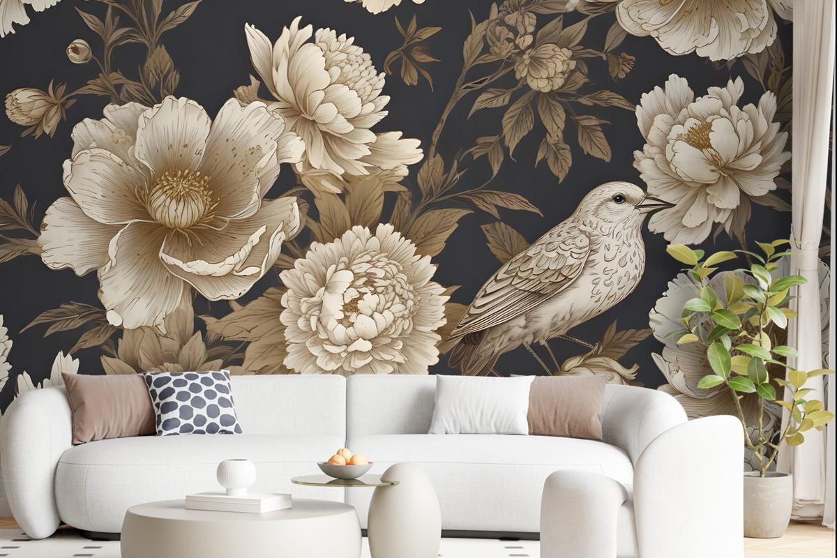 Peony Flowers With Bird Wallpaper Mural