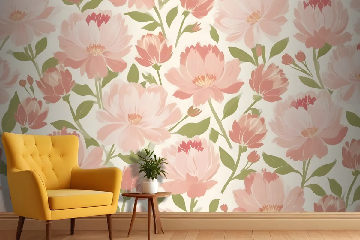 Pink And Peach Flowers With Green Leaves On A Light Wallpaper Mural