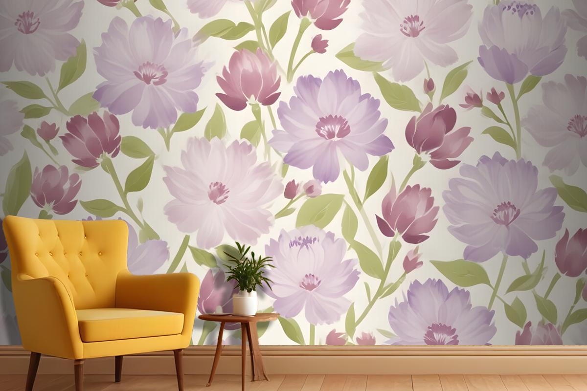 Pink And Purple Flowers With Green Leaves On A Light Wallpaper Mural