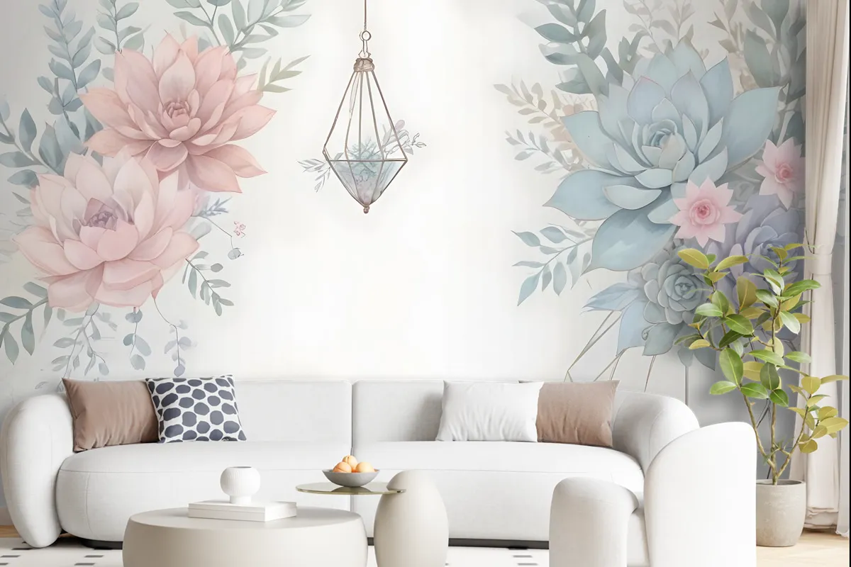 Pink Blue Soft Floral Wallpaper Mural