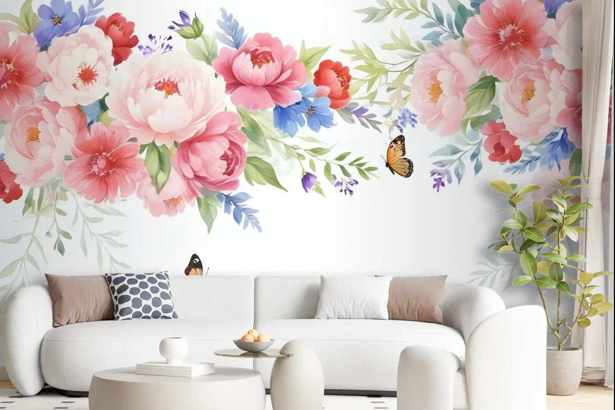 Pink Boho Vine Florals Wallpaper Mural