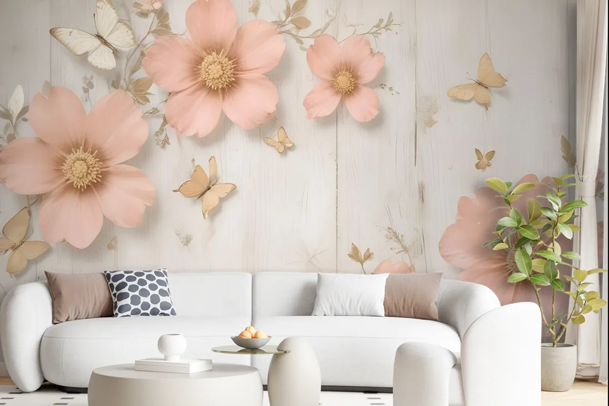 Pink Diamond Daisy With Butterflies Wallpaper Mural