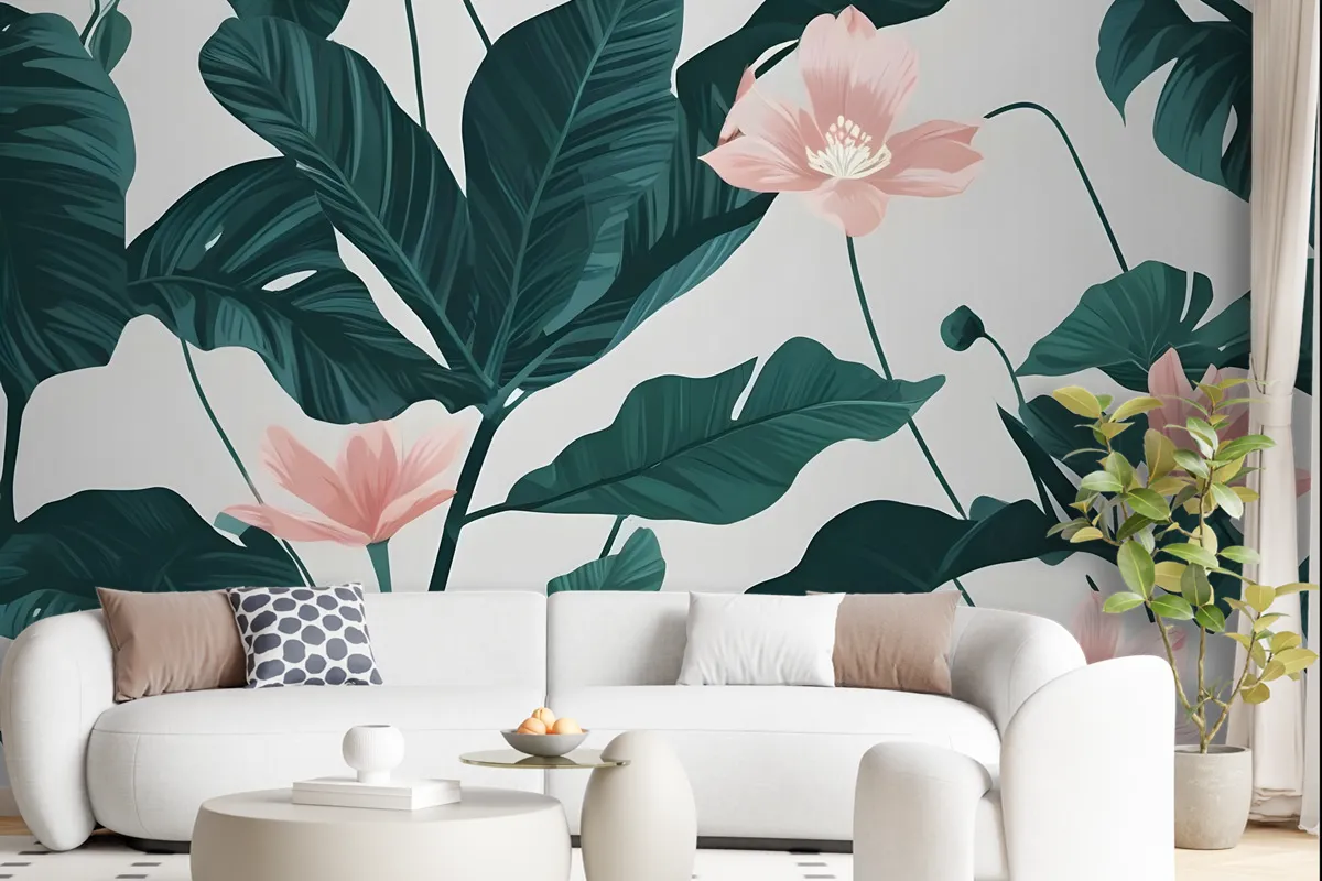 Pink Flower And Leaves Wallpaper Mural